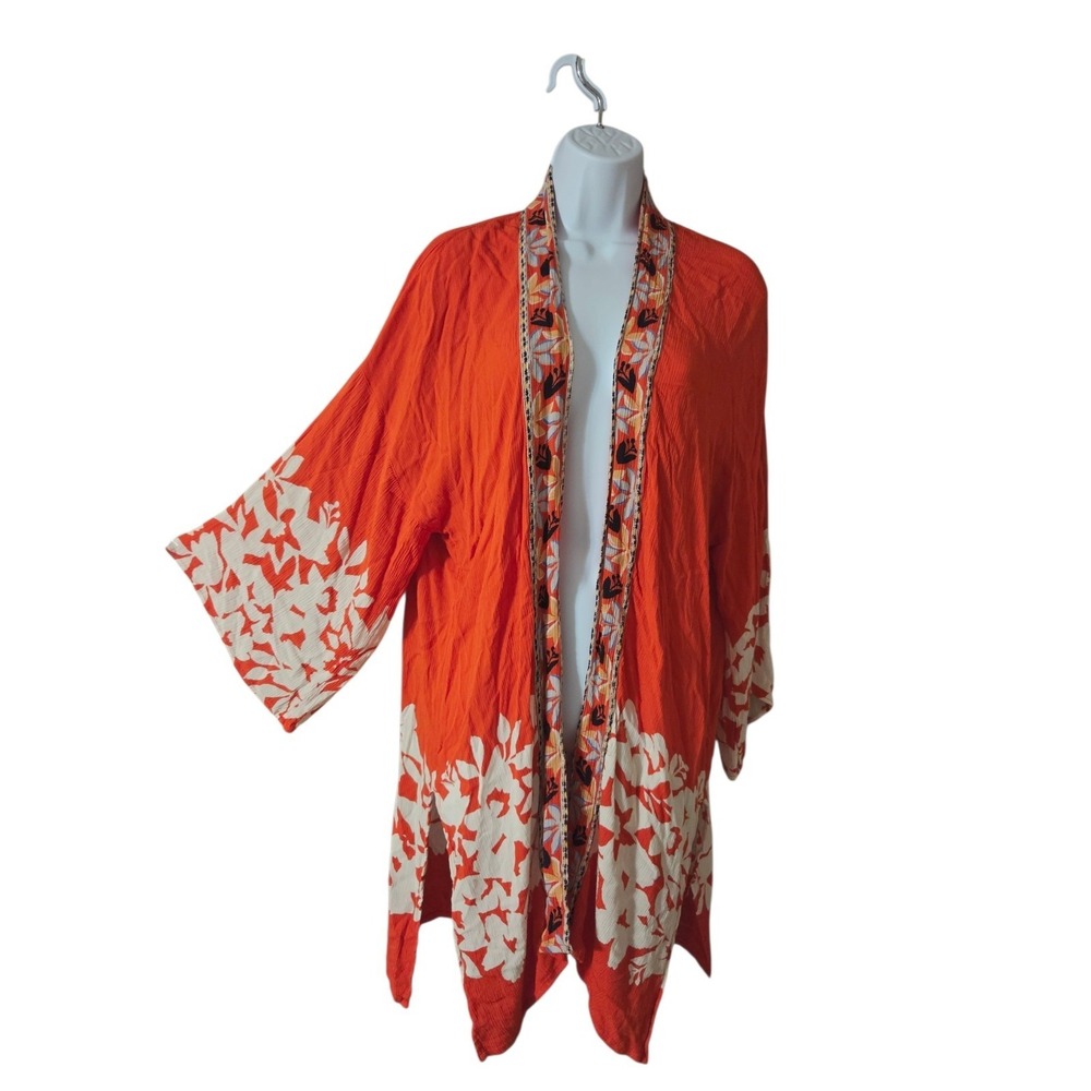 Billabong Orange White‎ Boho Swim Cardigan Coverup 3/4-Sleeve L Rayon Side Slits